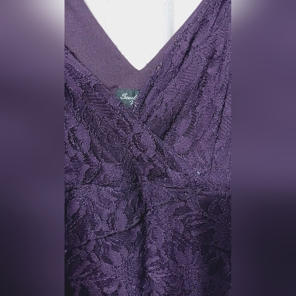 Scarlett  Nite Fully lined stretch aubergine lace dress with sequins. - Picture 5 of 9